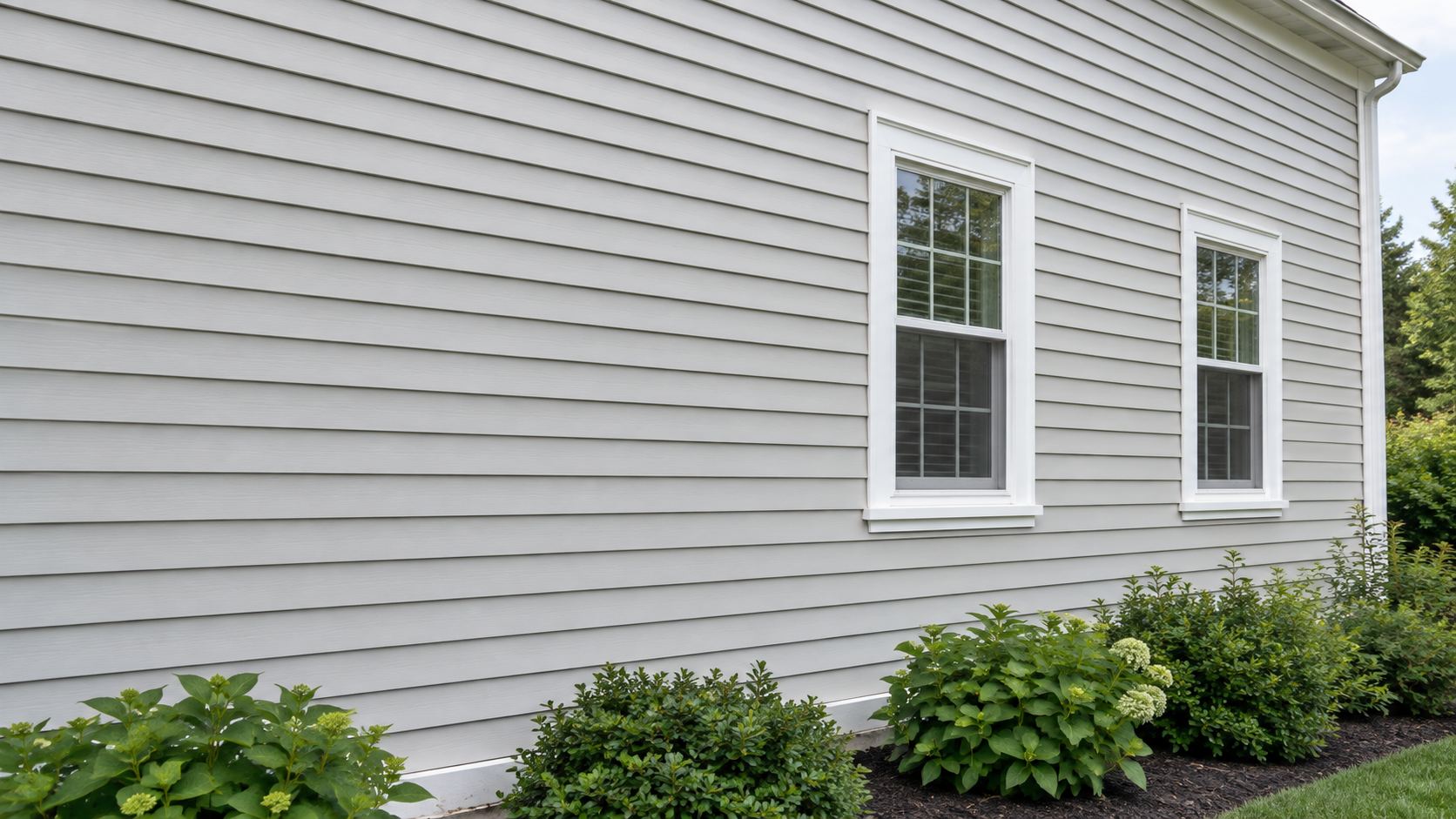 Pale grey siding and white windows after a pressure wash