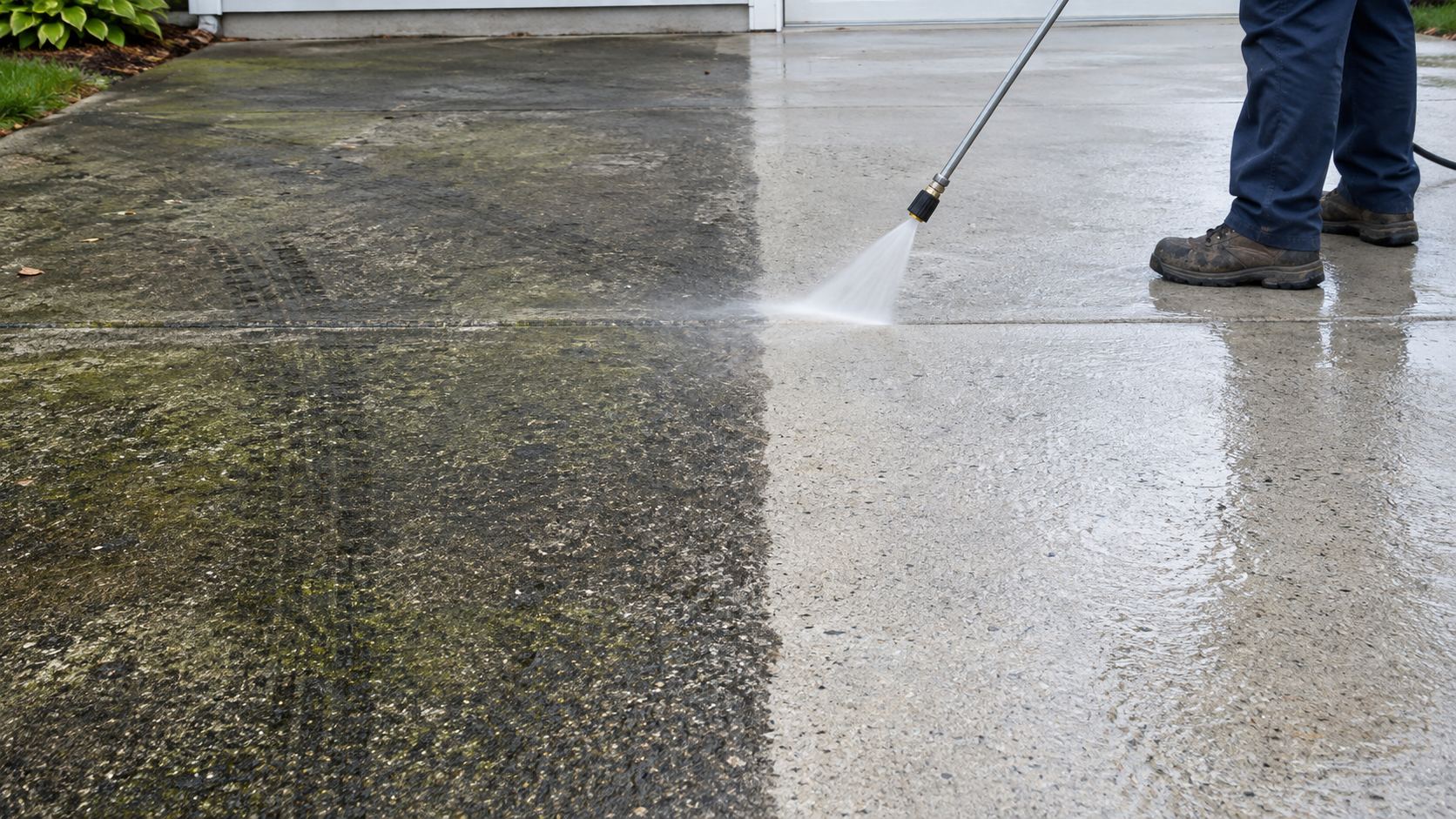 A driveway half washed, a sharp line between the stained and the clean concrete