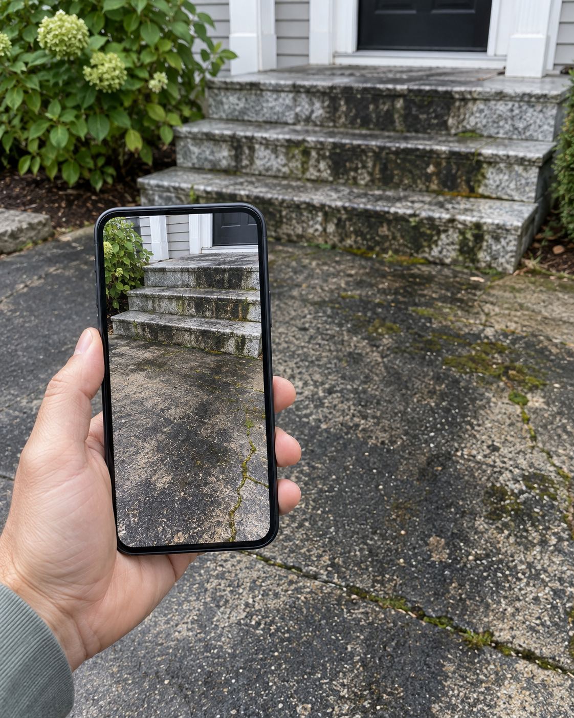 A homeowner photographing a grimy driveway with a phone