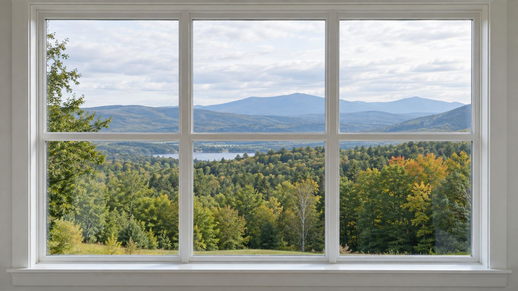 New Hampshire hills seen through a spotless window